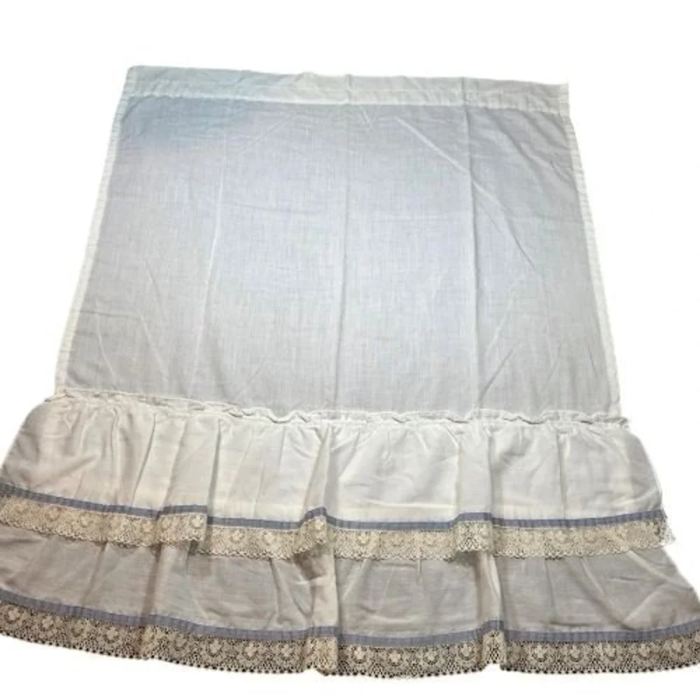Vintage Style White Ruffled Cafe Curtains Lace Trim Blue Ribbon 4 Panels 35x28